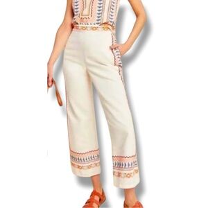 Anthropologie Cream and Orange Embroidered Pants
